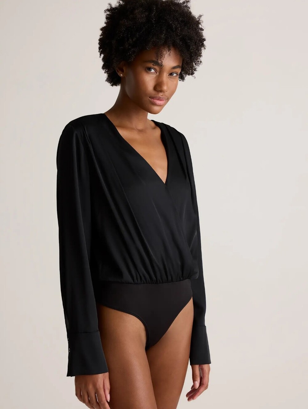 🌟 NWT Quince Washable Stretch Silk Surplice Bodysuit, Black (S)